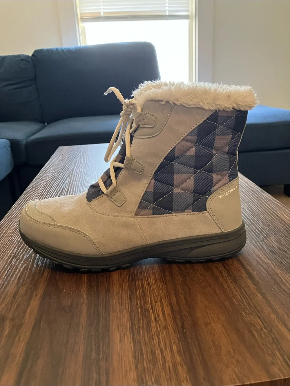 Columbia Women's Gray Faux-Fur Lined Winter Boots with Navy Plaid Accents